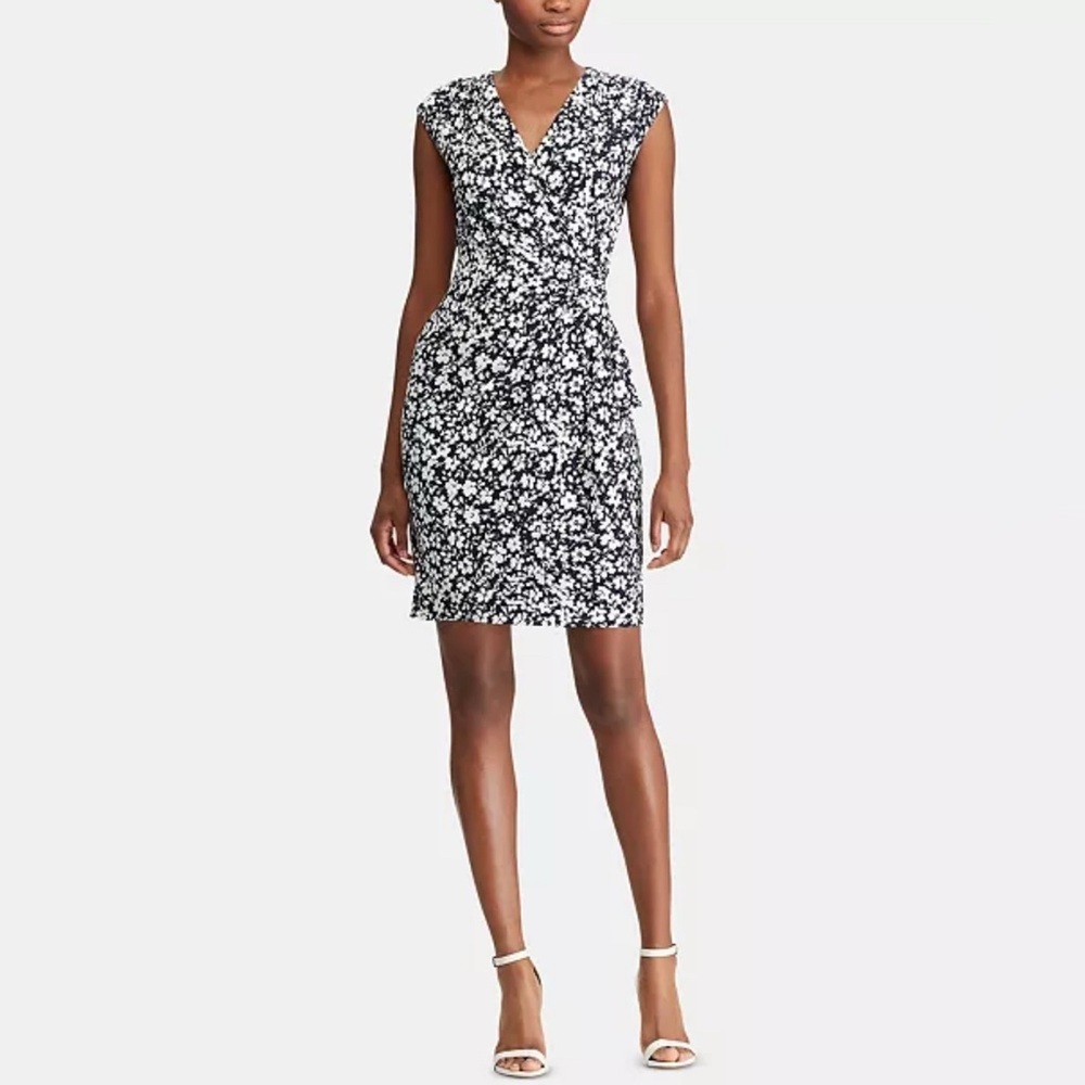 Ralph Lauren‎ Navy White Flower Print Wrap Sleeveless V-neck Mini Lined Dress 4